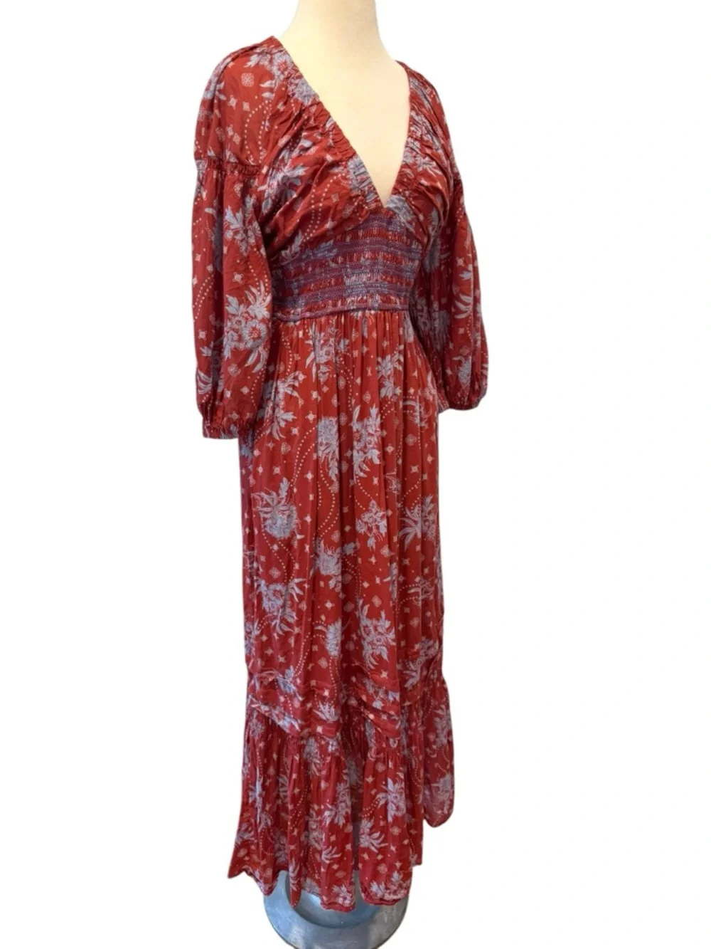 Free People Golden Hour Maxi Dress Floral Smocked Burgundy Blue Size Small - Picture 3 of 14